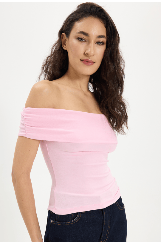 Kadın Slim Fit Dar Kesim Pamuklu Kayık Yaka Kısa Kollu Likralı Pembe Bluz