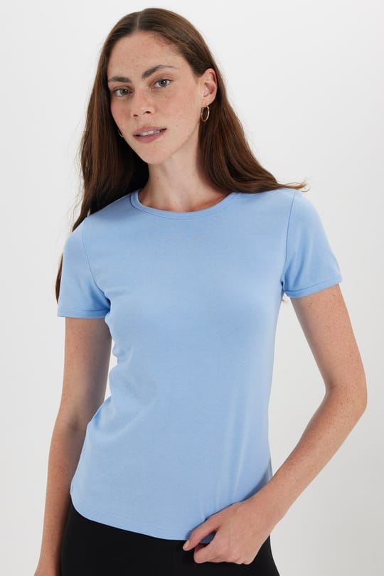 Kadın Slim Fit Dar Kesim %100 Pamuk Kısa Kol Bisiklet Yaka Mavi Tişört