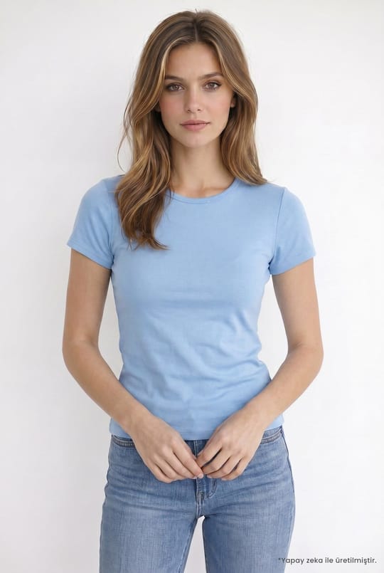 Kadın Slim Fit Dar Kesim %100 Pamuk Kısa Kol Bisiklet Yaka Mavi Tişört