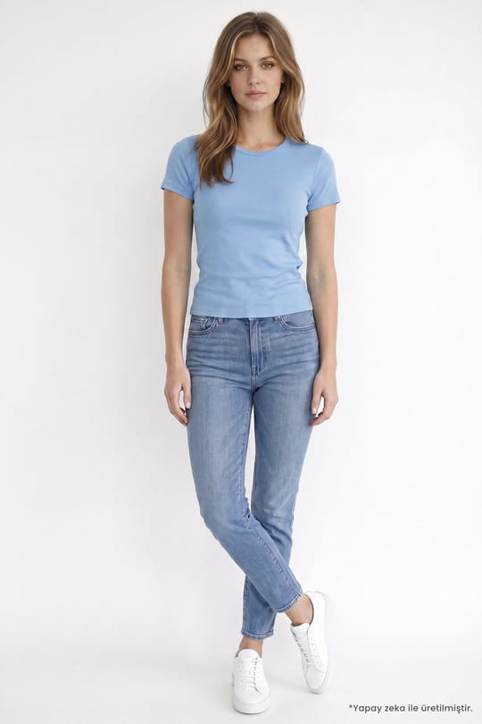 Kadın Slim Fit Dar Kesim %100 Pamuk Kısa Kol Bisiklet Yaka Mavi Tişört