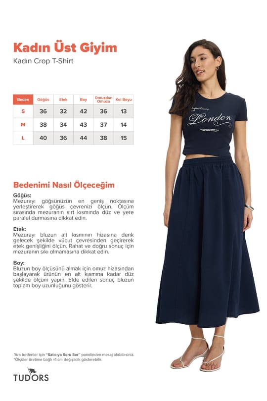 Kadın Slim Fit Dar Kesim %100 Pamuk Bisiklet Yaka Kısa Kollu Baskılı Lacivert Crop Tişört