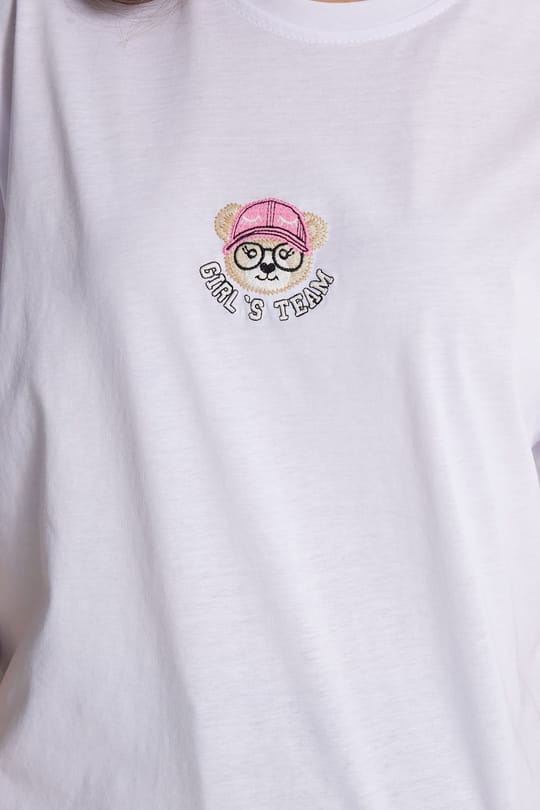 Kadın Oversize Geniş Kesim %100 Pamuk Bisiklet Yaka Kısa Kollu Baskıllı Beyaz Tişört 