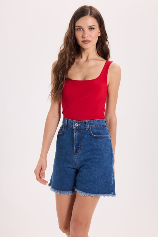 Kadın Slim Fit Dar Kesim Askılı Kare Yaka Sırtı Açık Sandy Kumaş Çıtçıtlı Bordo Body