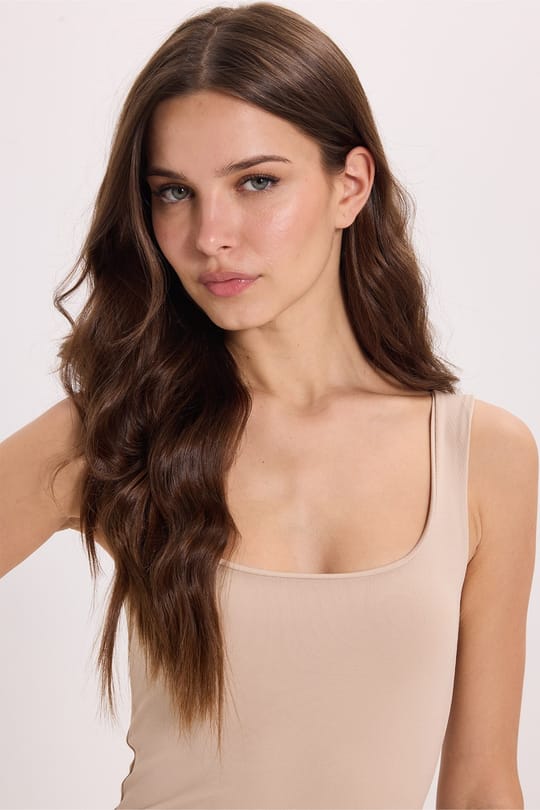 Kadın Slim Fit Dar Kesim Askılı Kare Yaka Sırtı Açık Sandy Kumaş Çıtçıtlı Bej Body