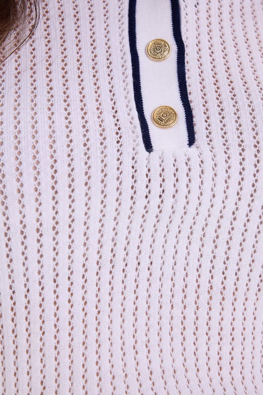 Kadın Regular Fit Klasik Kesim Kısa Kollu Desenli Taş Detaylı Beyaz Örme Polo Yaka Tişört