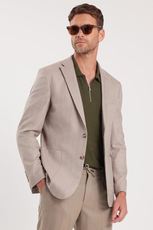 Erkek Slim Fit Mono Yaka Çift Yırtmaçlı Casual Bej Tek Ceket
