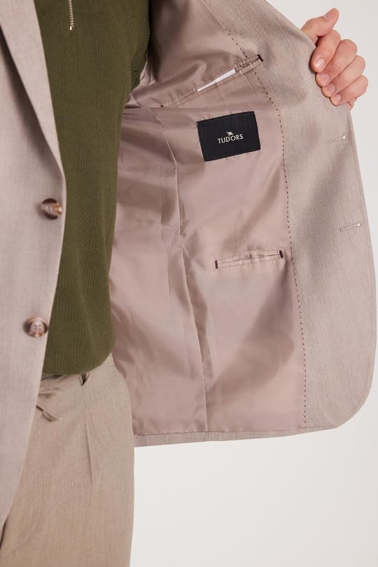 Erkek Slim Fit Mono Yaka Çift Yırtmaçlı Casual Bej Tek Ceket