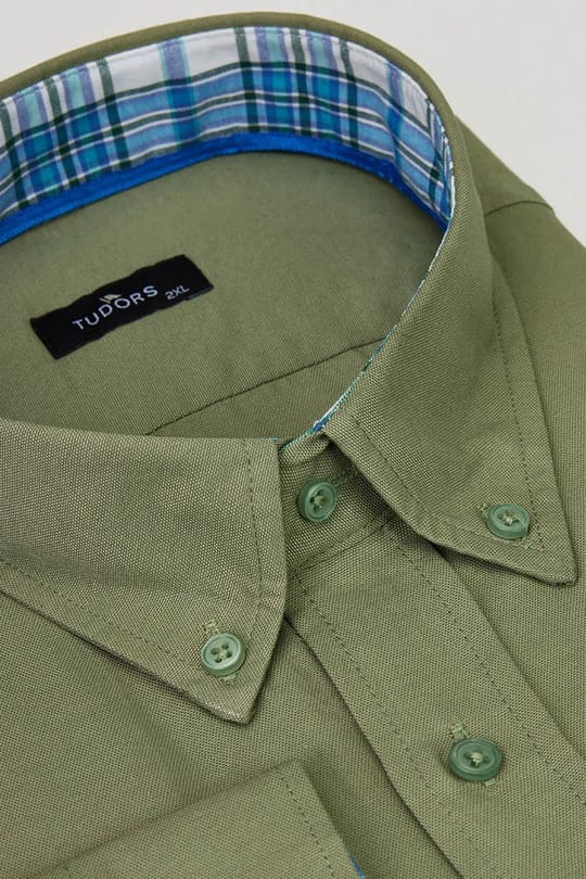 Erkek Big Size Büyük Beden Uzun Kollu Pamuklu Oxford Doku Tek Cepli Haki Düğmeli Yaka Gömlek