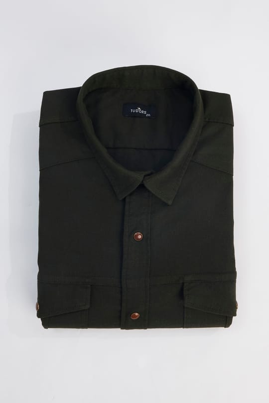 Erkek Big Size Büyük Beden Uzun Kollu Denim Kot Yıkamalı Çift Cepli Armürlü Haki Gömlek