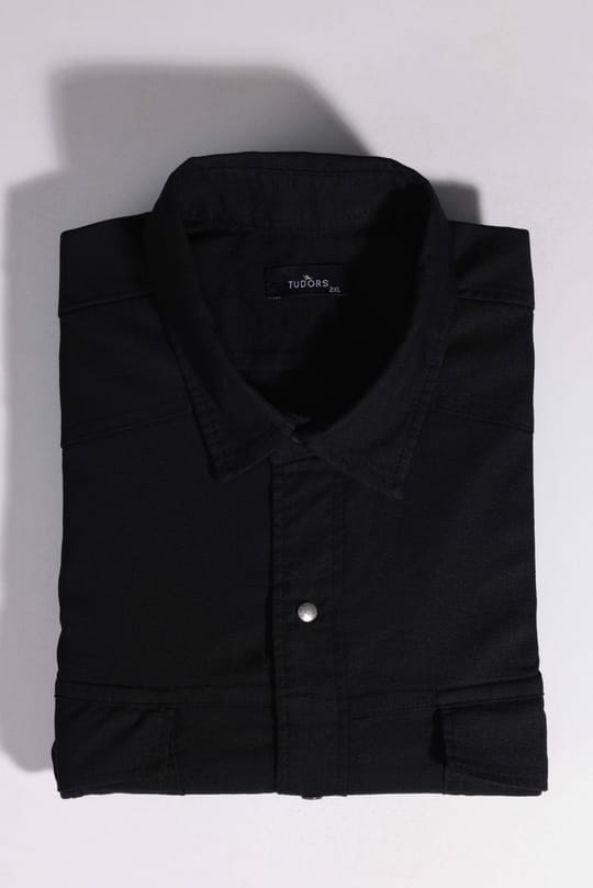 Büyük Beden Uzun Kollu Yıkamalı Çift Cepli Armürlü Denim Kot Siyah Erkek Gömlek