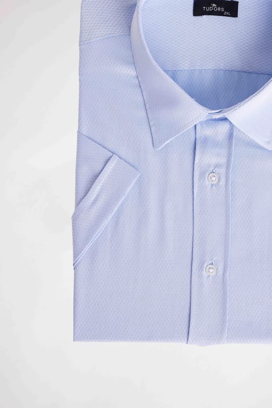 Erkek Big Size Büyük Beden Kısa Kollu Pamuklu Tek Cepli Armürlü Açık Mavi Gömlek