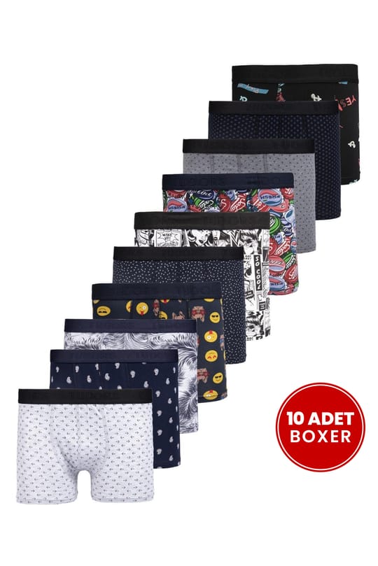Erkek 10lu Desenli Likralı Pamuklu Esnek Kumaş Premium Seri Boxer