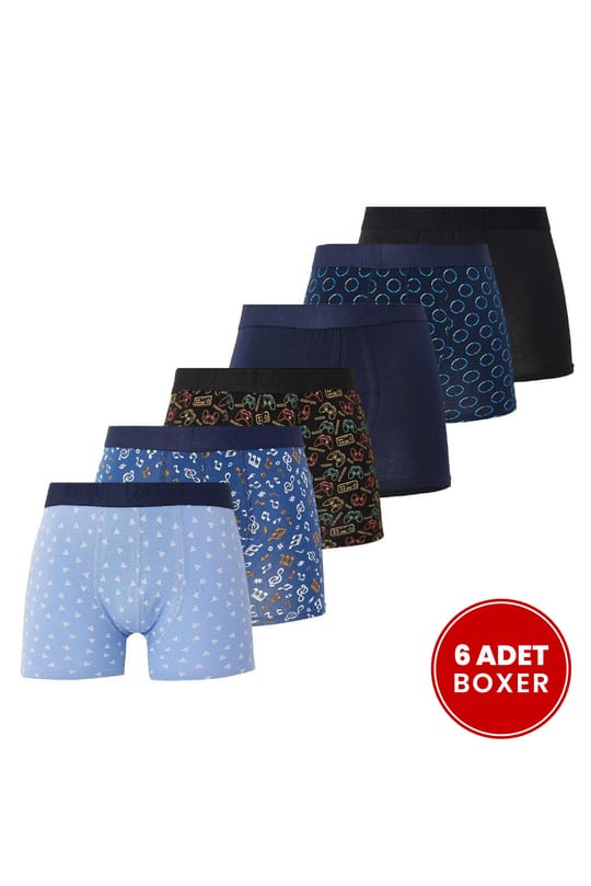 Erkek 6'lı Pamuklu Likralı Esnek Kumaş Boxer