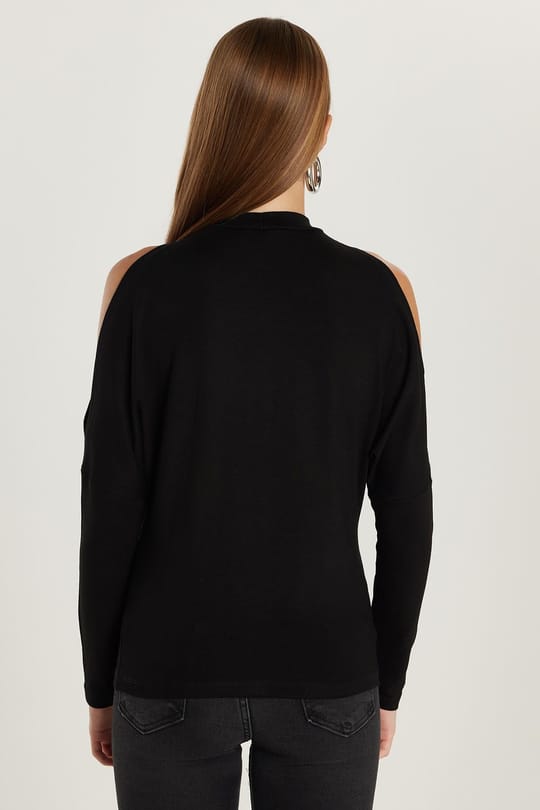 Kadın Slim Fit Dar Kesim Boğazlı Omuz Detaylı Siyah Bluz