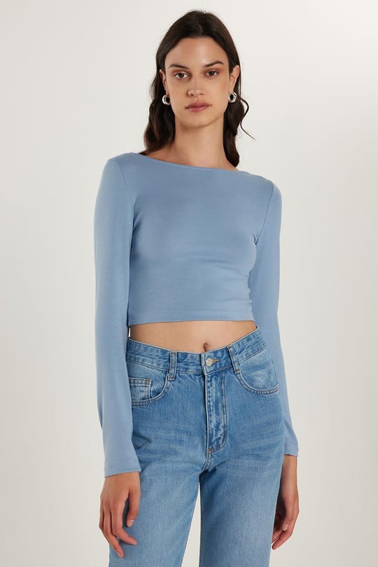 Kadın Slim Fit Dar Kesim Modal Kumaş Uzun Kollu Bisiklet Yaka Açık Mavi Bluz