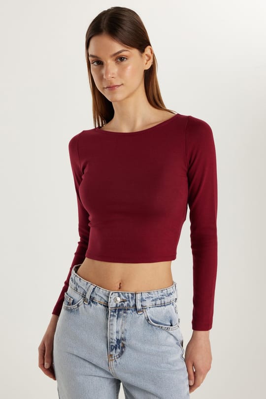 Kadın Slim Fit Dar Kesim Modal Kumaş Uzun Kollu Bisiklet Yaka Bordo Bluz