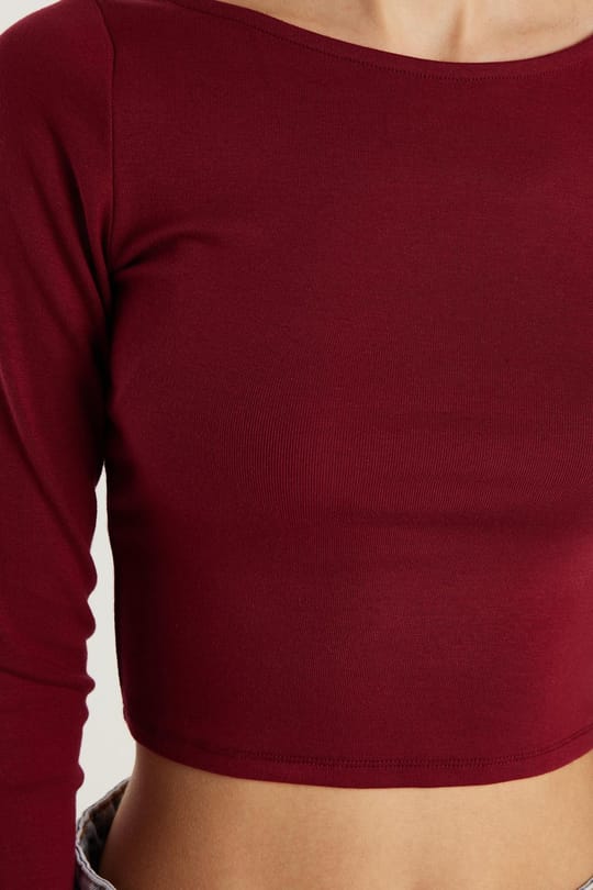 Kadın Slim Fit Dar Kesim Modal Kumaş Uzun Kollu Bisiklet Yaka Bordo Bluz