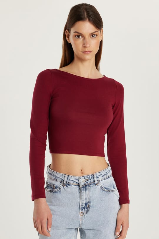 Kadın Slim Fit Dar Kesim Modal Kumaş Uzun Kollu Bisiklet Yaka Bordo Bluz