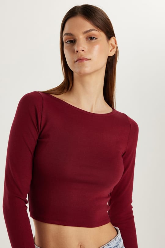 Kadın Slim Fit Dar Kesim Modal Kumaş Uzun Kollu Bisiklet Yaka Bordo Bluz