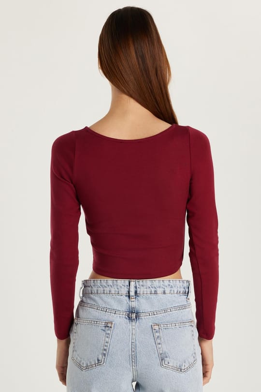 Kadın Slim Fit Dar Kesim Modal Kumaş Uzun Kollu Bisiklet Yaka Bordo Bluz