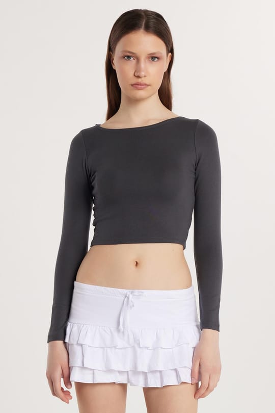 Kadın Slim Fit Dar Kesim Modal Kumaş Uzun Kollu Bisiklet Yaka Antrasit Bluz