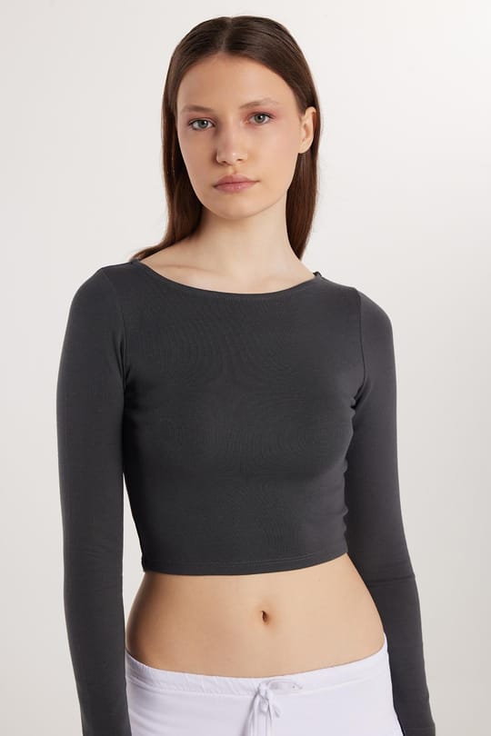 Kadın Slim Fit Modal Kumaş Düz Bisiklet Yaka Antrasit Bluz