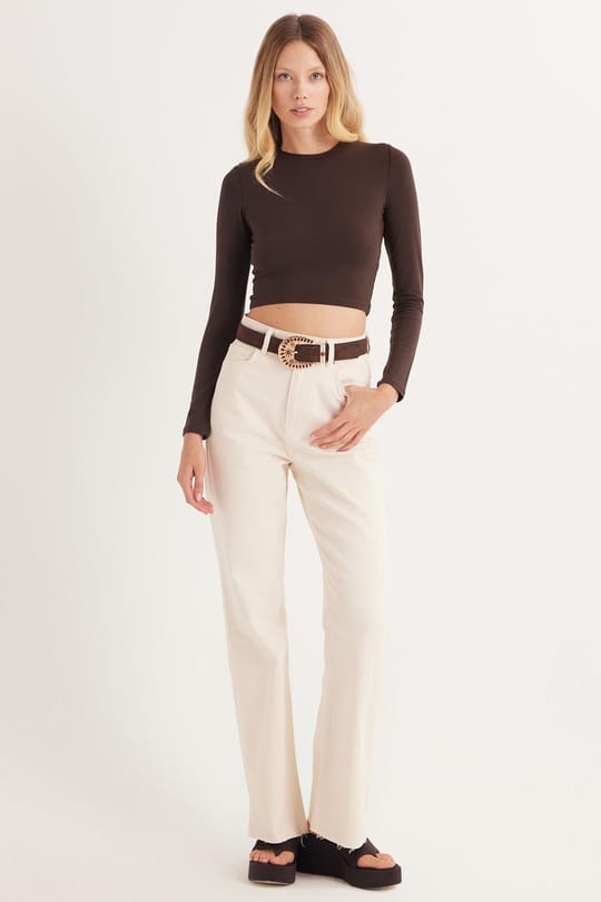 Kadın Slim Fit Pamuklu Düz Bisiklet Yaka Kahverengi Bluz