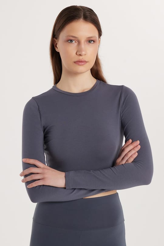 Kadın Slim Fit Pamuklu Düz Bisiklet Yaka Antrasit Bluz