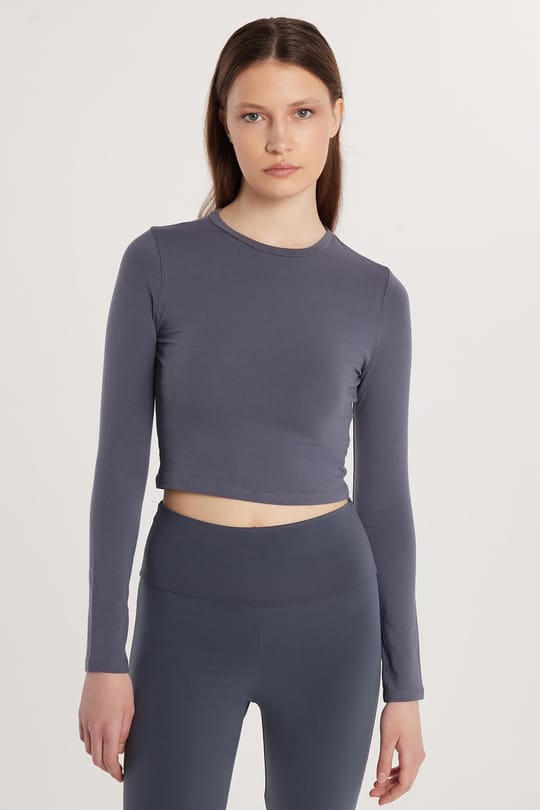 Kadın Slim Fit Pamuklu Düz Bisiklet Yaka Antrasit Bluz
