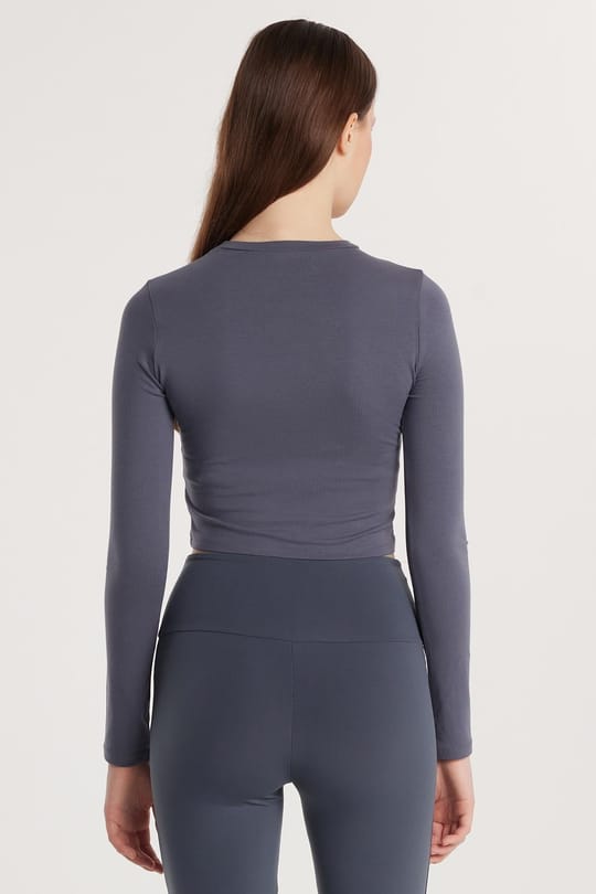Kadın Slim Fit Pamuklu Düz Bisiklet Yaka Antrasit Bluz