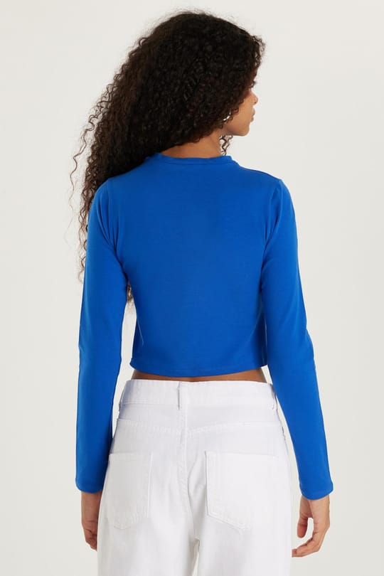 Kadın Slim Fit Pamuklu Düz Bisiklet Yaka Mavi Bluz