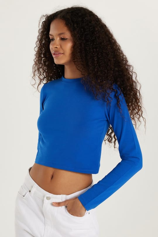 Kadın Slim Fit Pamuklu Düz Bisiklet Yaka Mavi Bluz