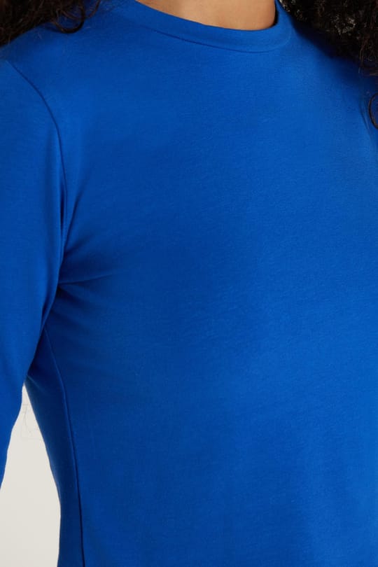 Kadın Slim Fit Pamuklu Düz Bisiklet Yaka Mavi Bluz