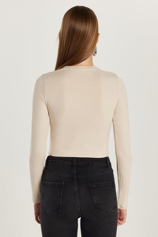 Kadın Slim Fit Pamuklu Düz Bisiklet Yaka Taş Bluz