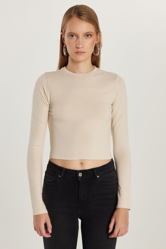 Kadın Slim Fit Pamuklu Düz Bisiklet Yaka Taş Bluz