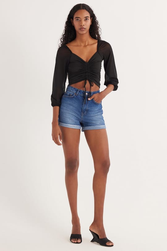 Kadın Slim Fit Dar Kesim Uzun Kollu Büzgülü Siyah Bluz