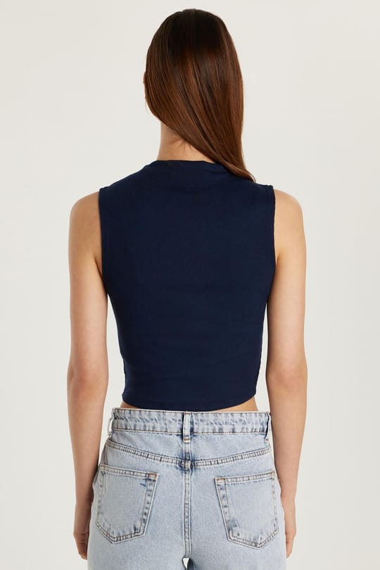 Kadın Slim Fit Dar Kesim Sıfır Kol Fitilli Modal Kumaş Lacivert Bluz