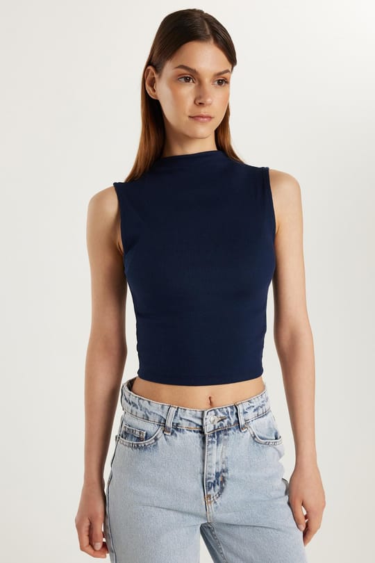 Kadın Slim Fit Dar Kesim Sıfır Kol Fitilli Modal Kumaş Lacivert Bluz