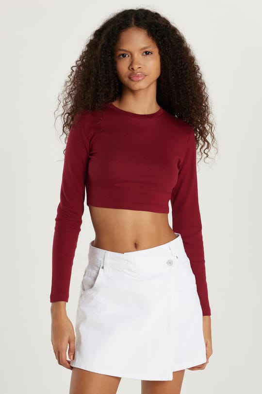 Kadın Slim Fit Modal Kumaş Pamuklu Bisiklet Yaka Bordo Bluz