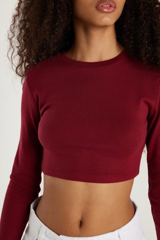 Kadın Slim Fit Modal Kumaş Pamuklu Bisiklet Yaka Bordo Bluz