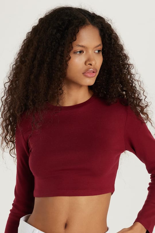 Kadın Slim Fit Modal Kumaş Pamuklu Bisiklet Yaka Bordo Bluz