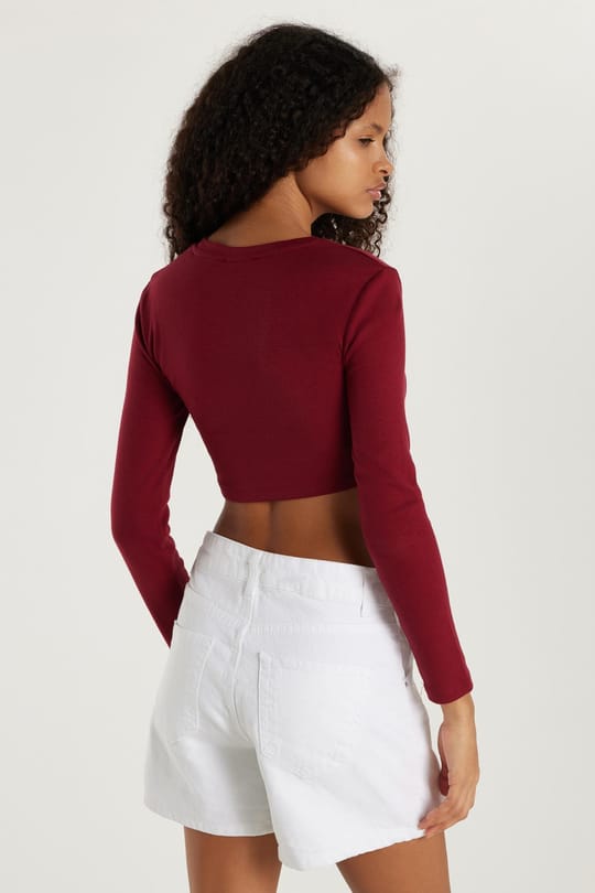 Kadın Slim Fit Modal Kumaş Pamuklu Bisiklet Yaka Bordo Bluz