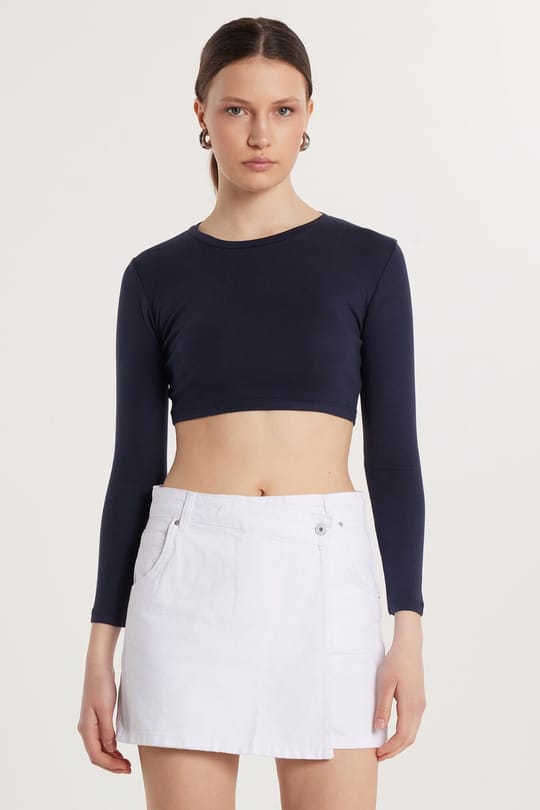 Kadın Slim Fit Modal Kumaş Pamuklu Bisiklet Yaka Lacivert Bluz