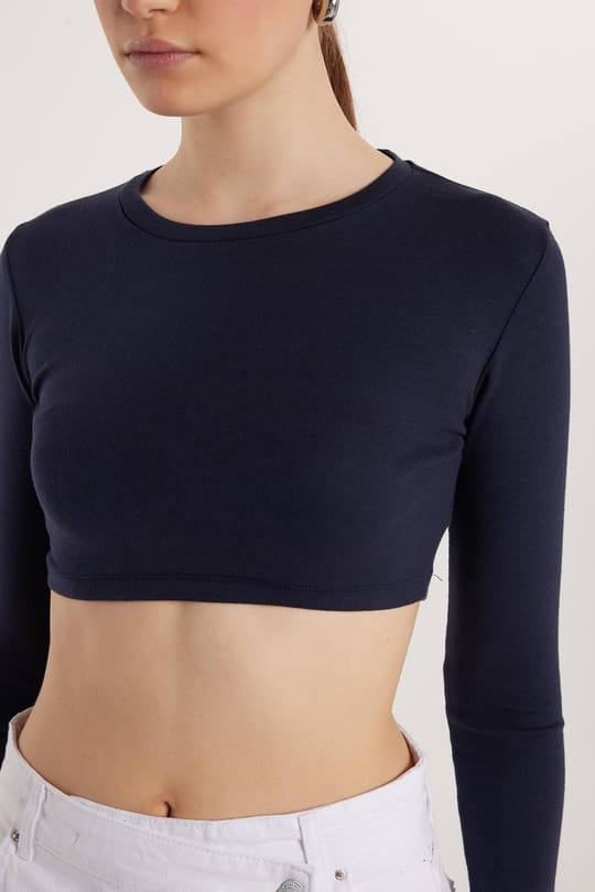 Kadın Slim Fit Modal Kumaş Pamuklu Bisiklet Yaka Lacivert Bluz