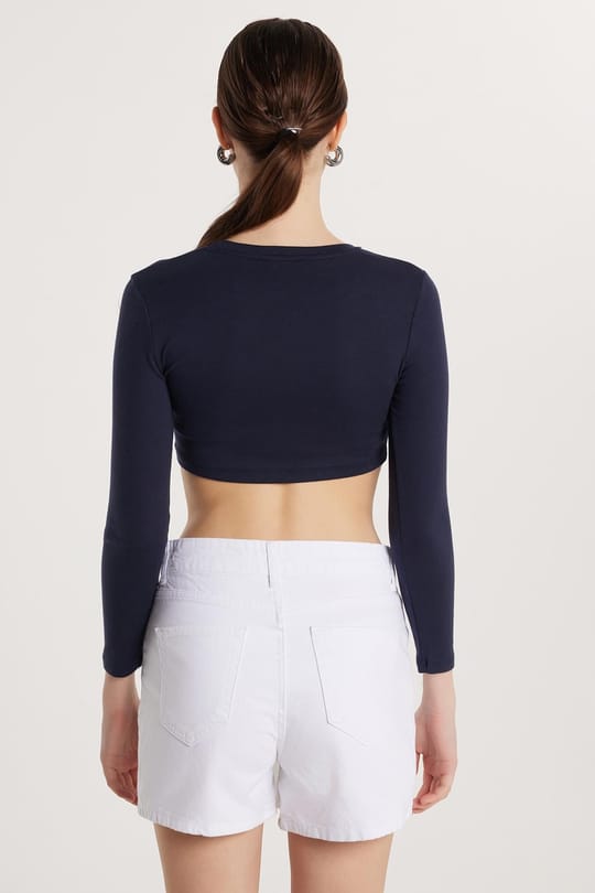 Kadın Slim Fit Modal Kumaş Pamuklu Bisiklet Yaka Lacivert Bluz