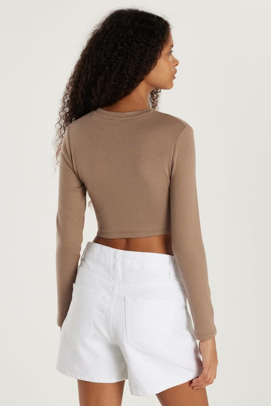 Kadın Slim Fit Modal Kumaş Pamuklu Bisiklet Yaka Vizon Bluz