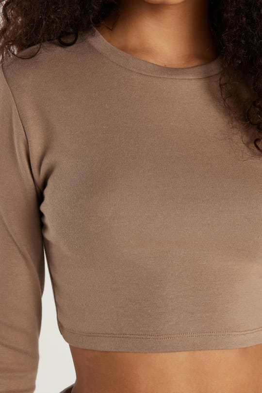 Kadın Slim Fit Modal Kumaş Pamuklu Bisiklet Yaka Vizon Bluz