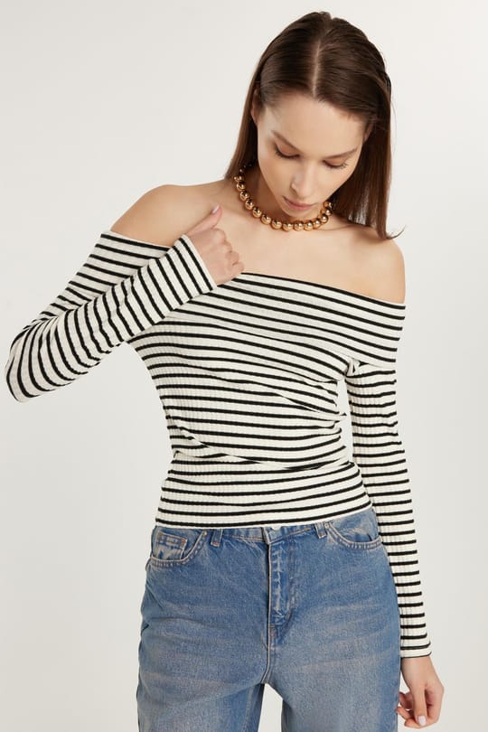 Kadın Slim Fit Dar Kesim Fitilli Straplez Çizgili Bluz
