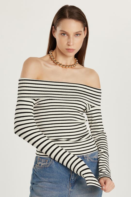 Kadın Slim Fit Dar Kesim Fitilli Straplez Çizgili Bluz
