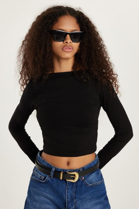 Kadın Slim Fit Dar Kesim Bisiklet Yaka Sırt Detaylı Siyah Bluz